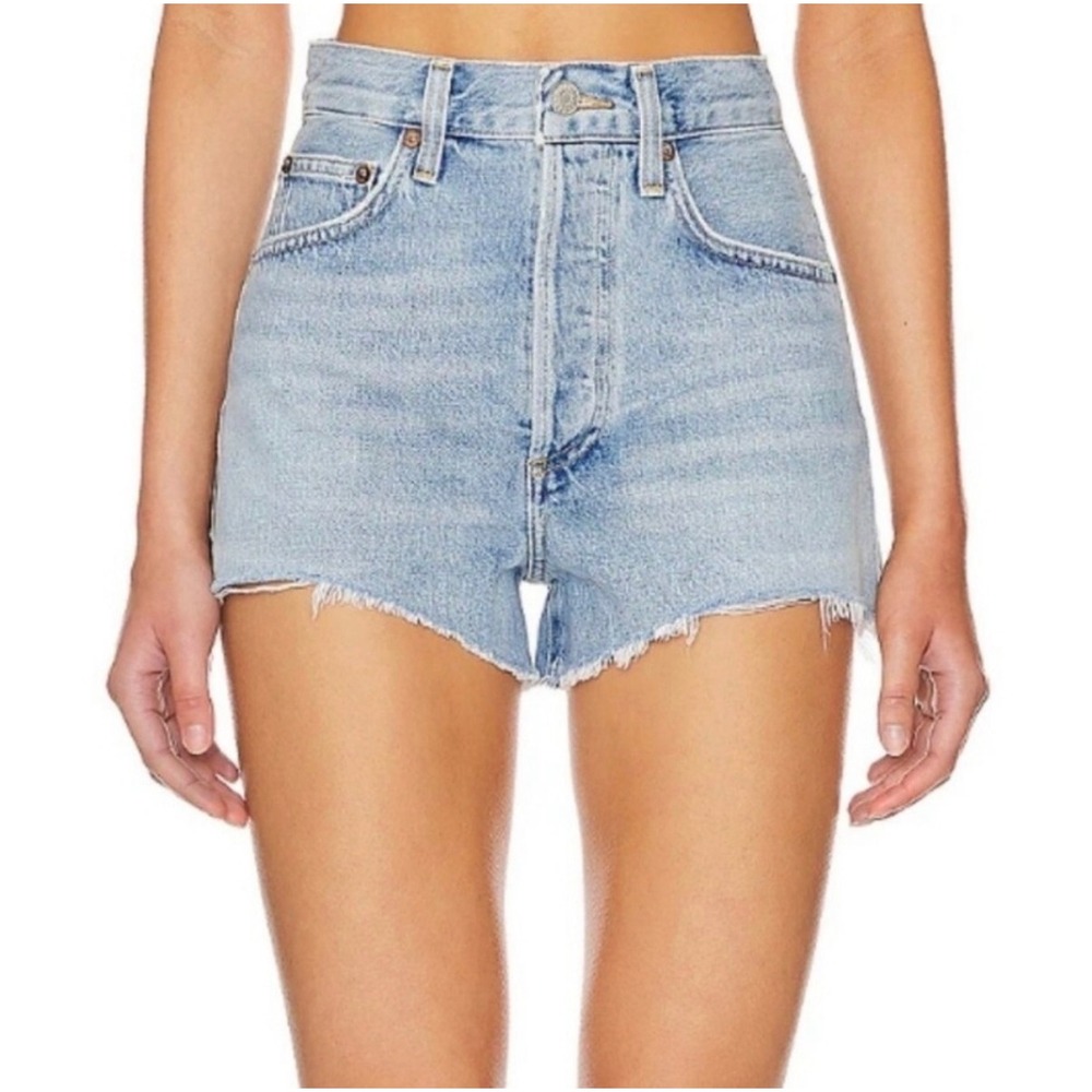 Agolde Mila Denim Cut Off Shorts Light Blue High Rise Raw Hem‎ - 24